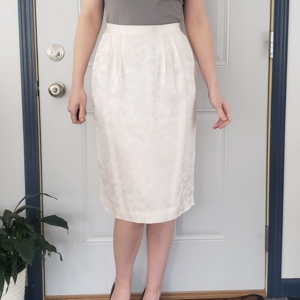 90s Cream Silk Rose Print Skirt